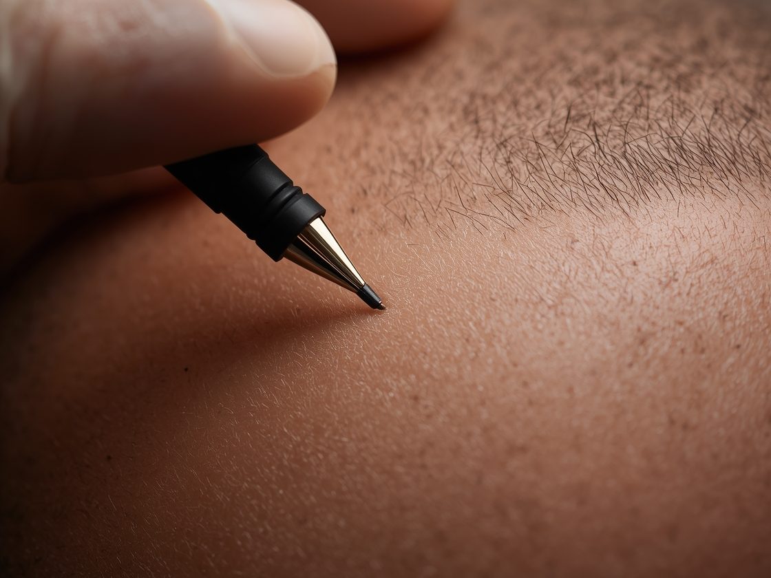 Macro view — micropigmentation pen placing follicle-sized impressions